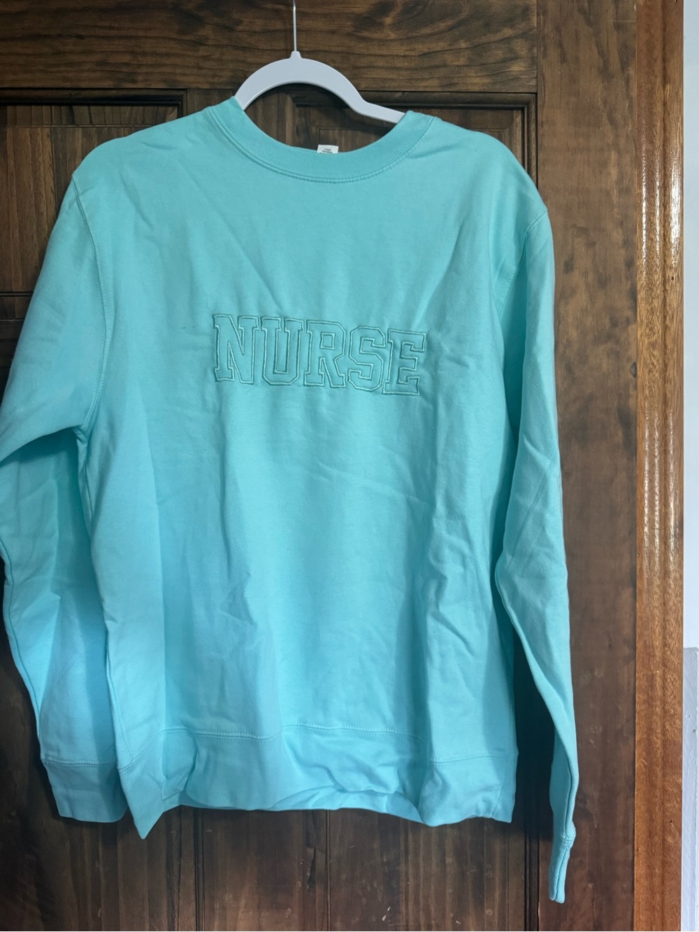 NURSE Embroidered Crewneck Sweater in Aqua